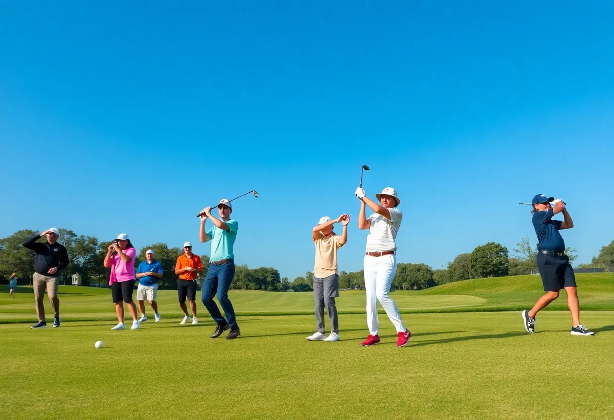 Collegiate golf players teeing off on a sunny day