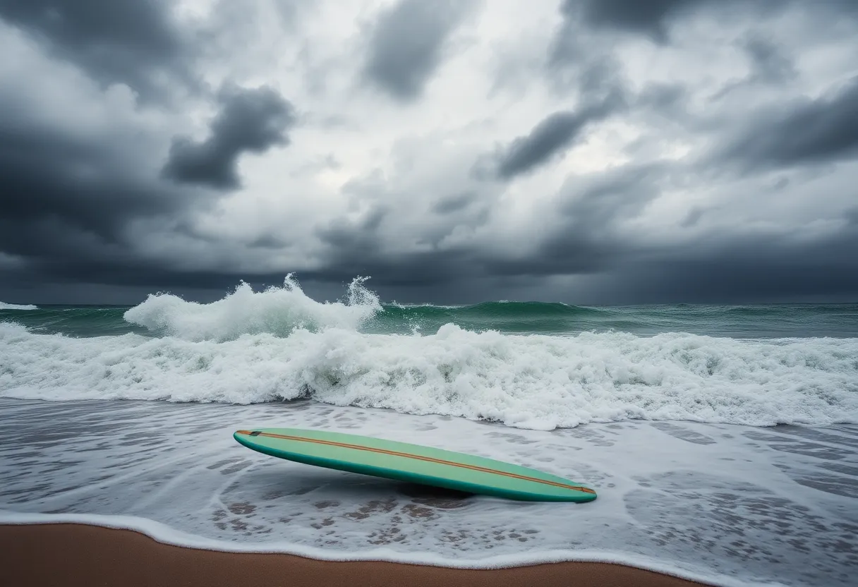 Powerful ocean waves during Hurricane Erin at the beach