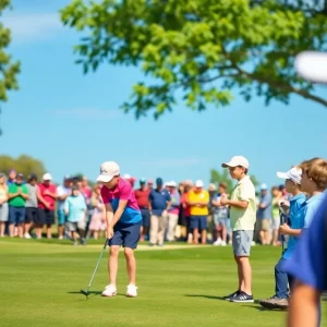 Young golfers competing in a tournament on a sunny day.