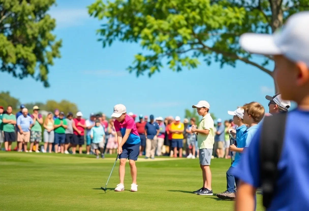 Young golfers competing in a tournament on a sunny day.