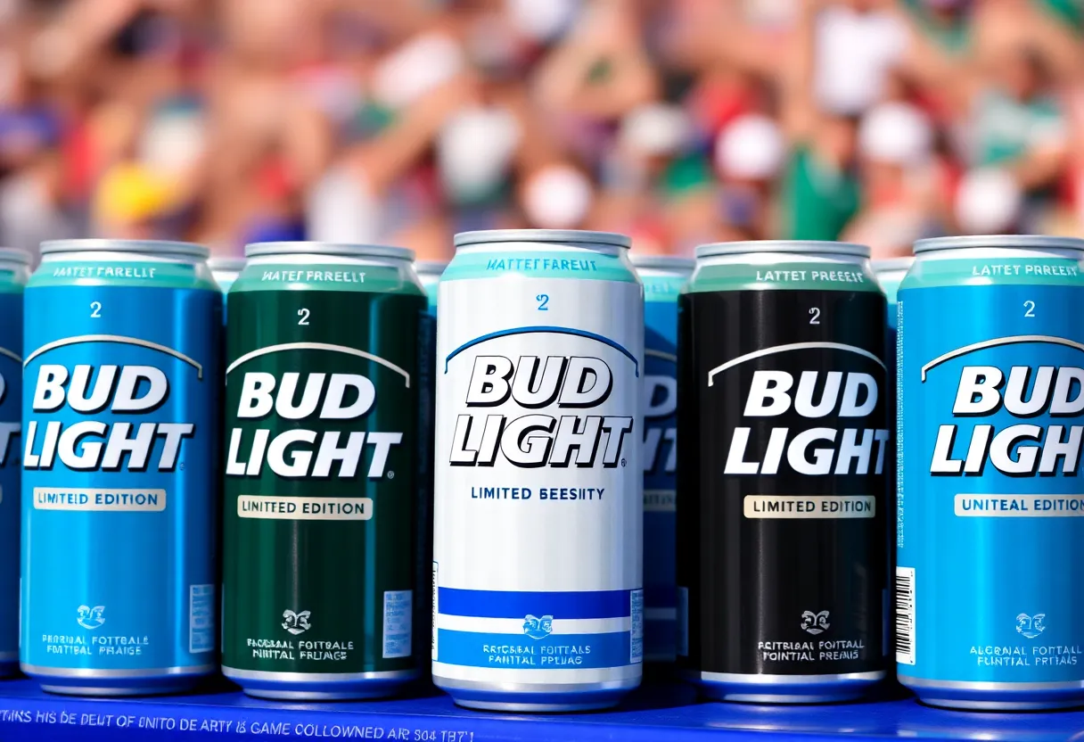 A display of limited edition Bud Light cans featuring Coastal Carolina University's colors and logo.