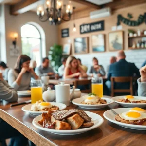 Cozy interior of Lulu's Cafe with breakfast dishes