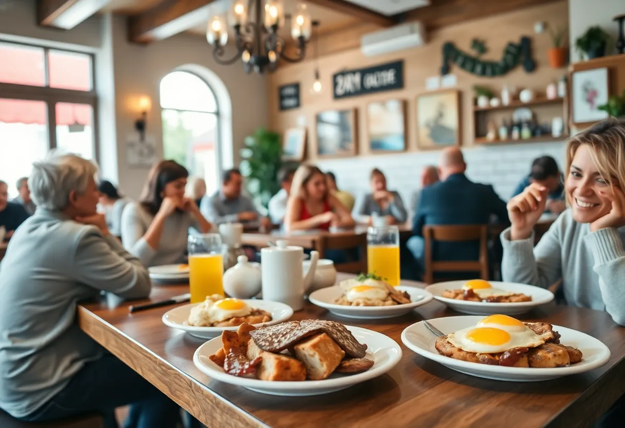 Cozy interior of Lulu's Cafe with breakfast dishes