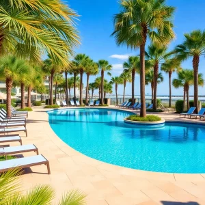 Luxurious pool surrounded by palm trees in Myrtle Beach