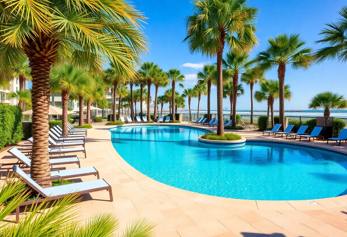 Luxurious pool surrounded by palm trees in Myrtle Beach