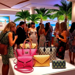 Guests admiring luxurious handbags at Mehera Blum trunk show in Myrtle Beach