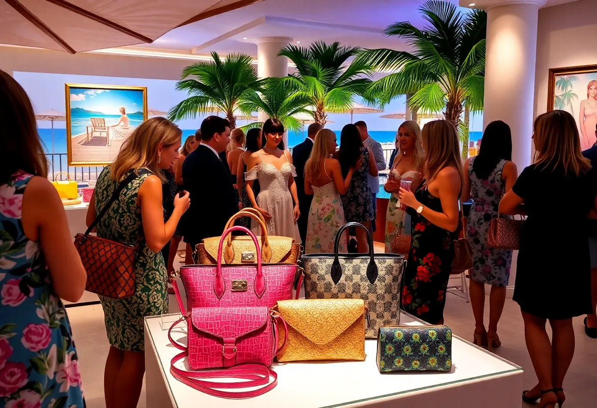 Guests admiring luxurious handbags at Mehera Blum trunk show in Myrtle Beach