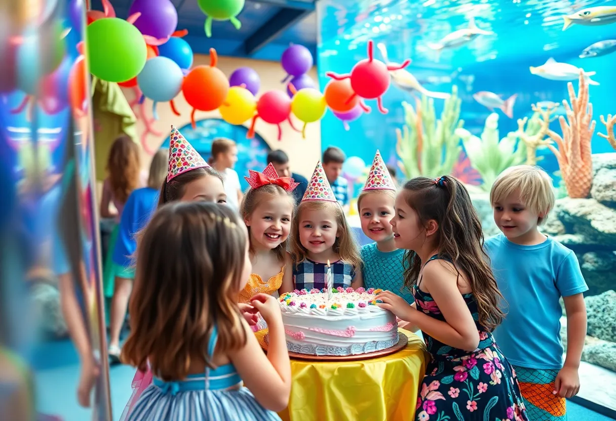 Children enjoying a mermaid birthday party at an aquarium