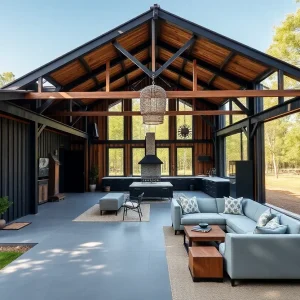 Interior of a stylish barndominium showcasing open space and modern features