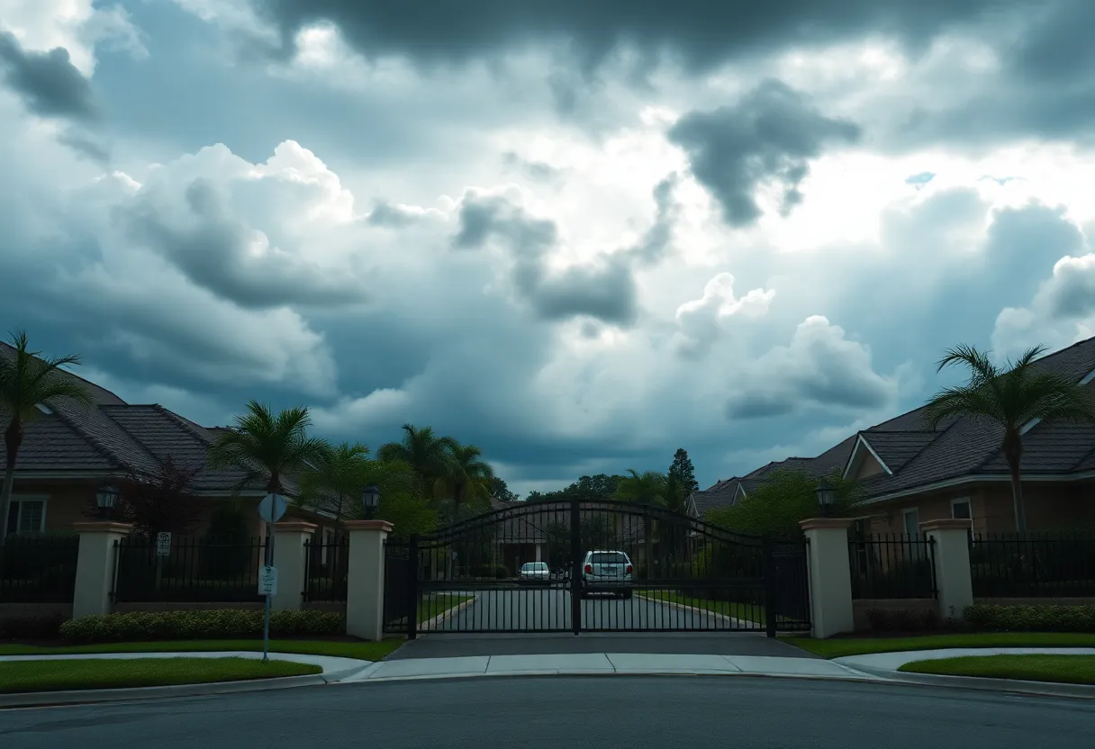 A view of a quiet Myrtle Beach neighborhood with dark clouds overhead.