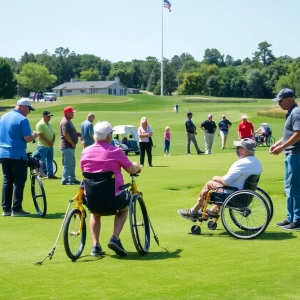 Community gathering on a golf course celebrating accessibility in golf