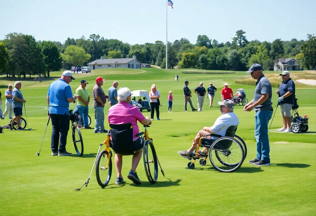 Community gathering on a golf course celebrating accessibility in golf