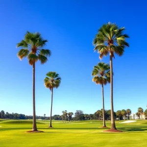 A picturesque golf course in Myrtle Beach with vibrant greens and blue skies