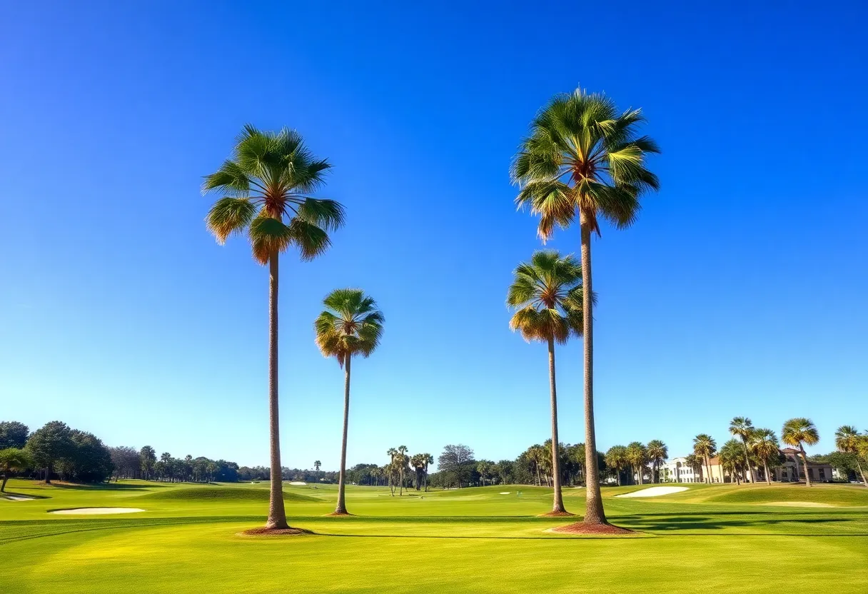 A picturesque golf course in Myrtle Beach with vibrant greens and blue skies
