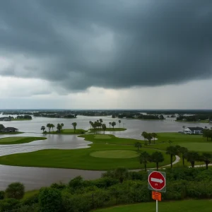 Flooded Myrtle Beach golf course with stormy skies