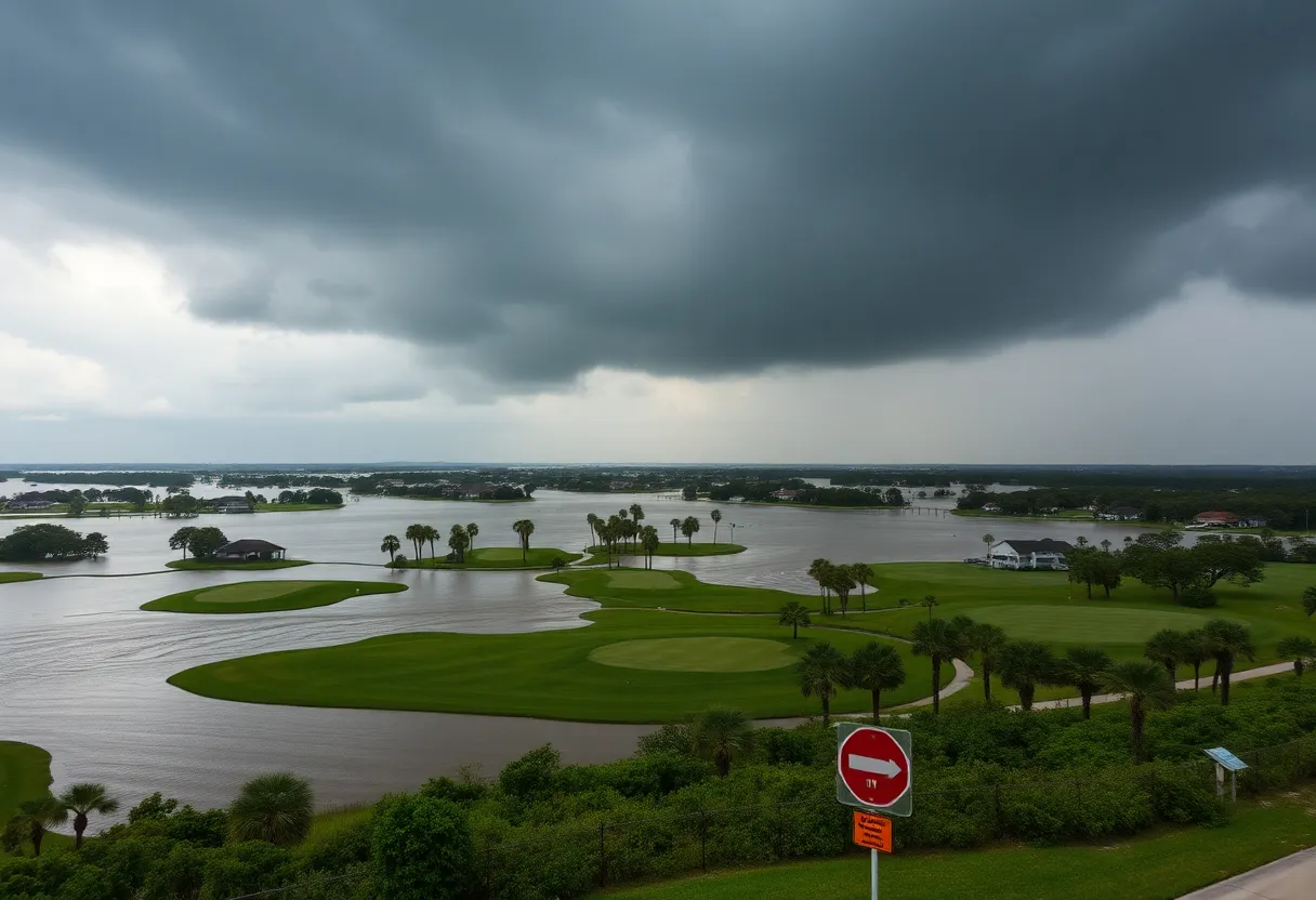 Flooded Myrtle Beach golf course with stormy skies