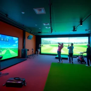Interior view of the Myrtle Beach Golf Institute showing golf simulators and training equipment.