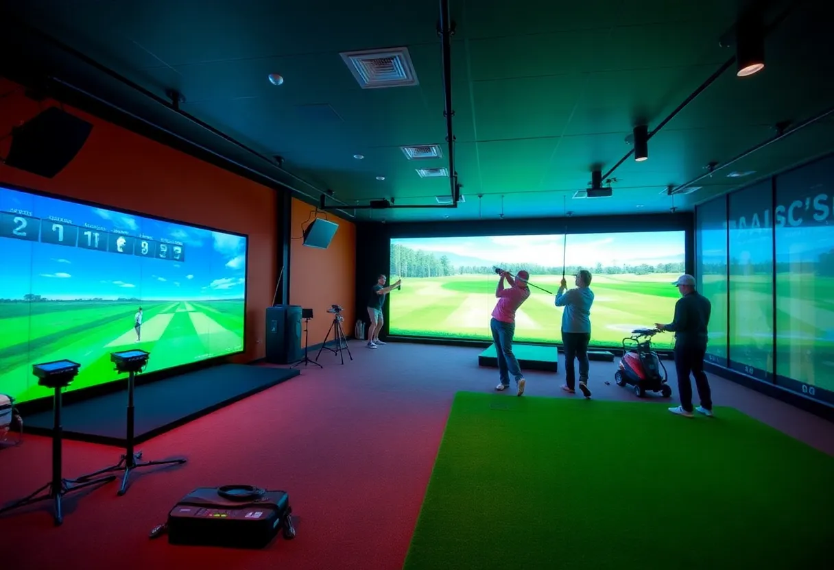 Interior view of the Myrtle Beach Golf Institute showing golf simulators and training equipment.