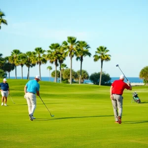 Golfers on a course in Myrtle Beach under a clear sky