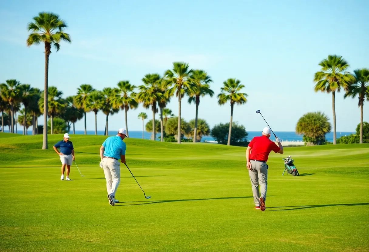 Golfers on a course in Myrtle Beach under a clear sky