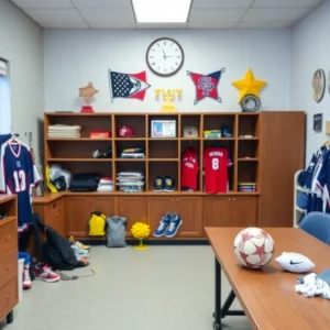 Athletic department at Myrtle Beach High School filled with sports equipment and trophies