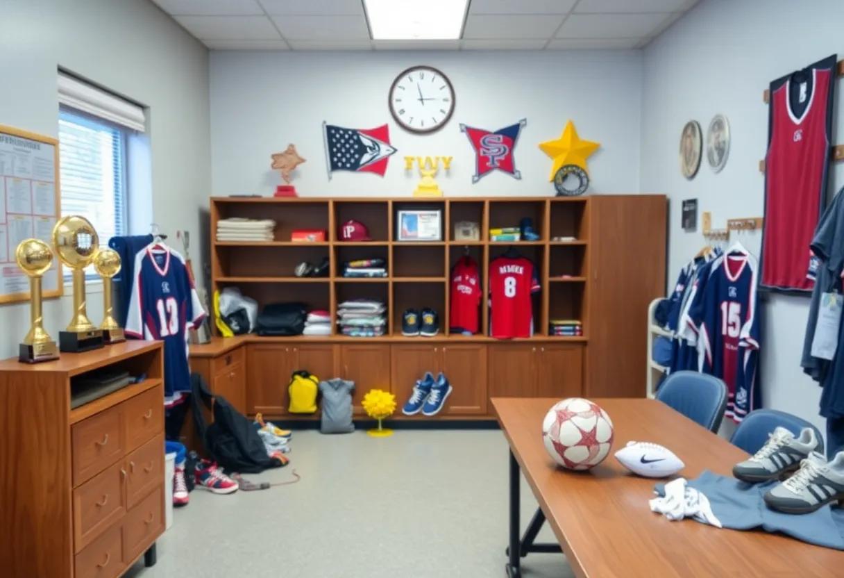 Athletic department at Myrtle Beach High School filled with sports equipment and trophies