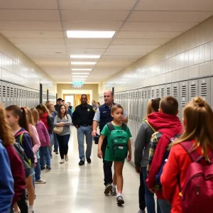 Students in a school hallway with security measures in focus