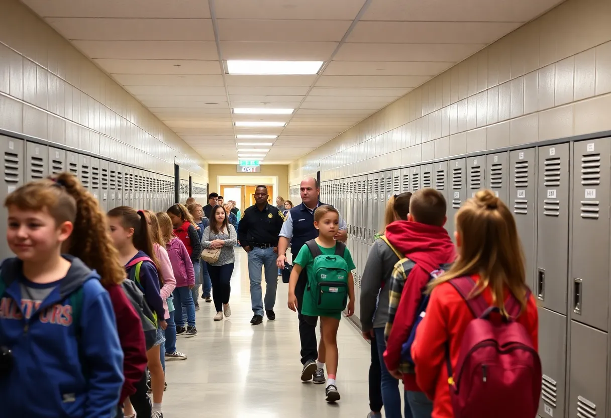 Students in a school hallway with security measures in focus
