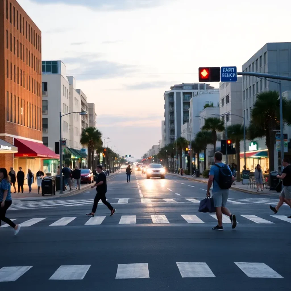 A busy pedestrian street in Myrtle Beach at night.