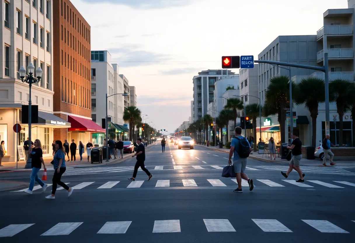 A busy pedestrian street in Myrtle Beach at night.