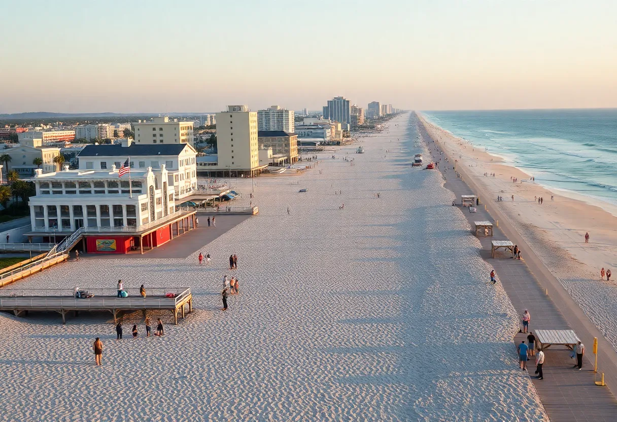 A picturesque view of Myrtle Beach's coastline with people enjoying the sun.