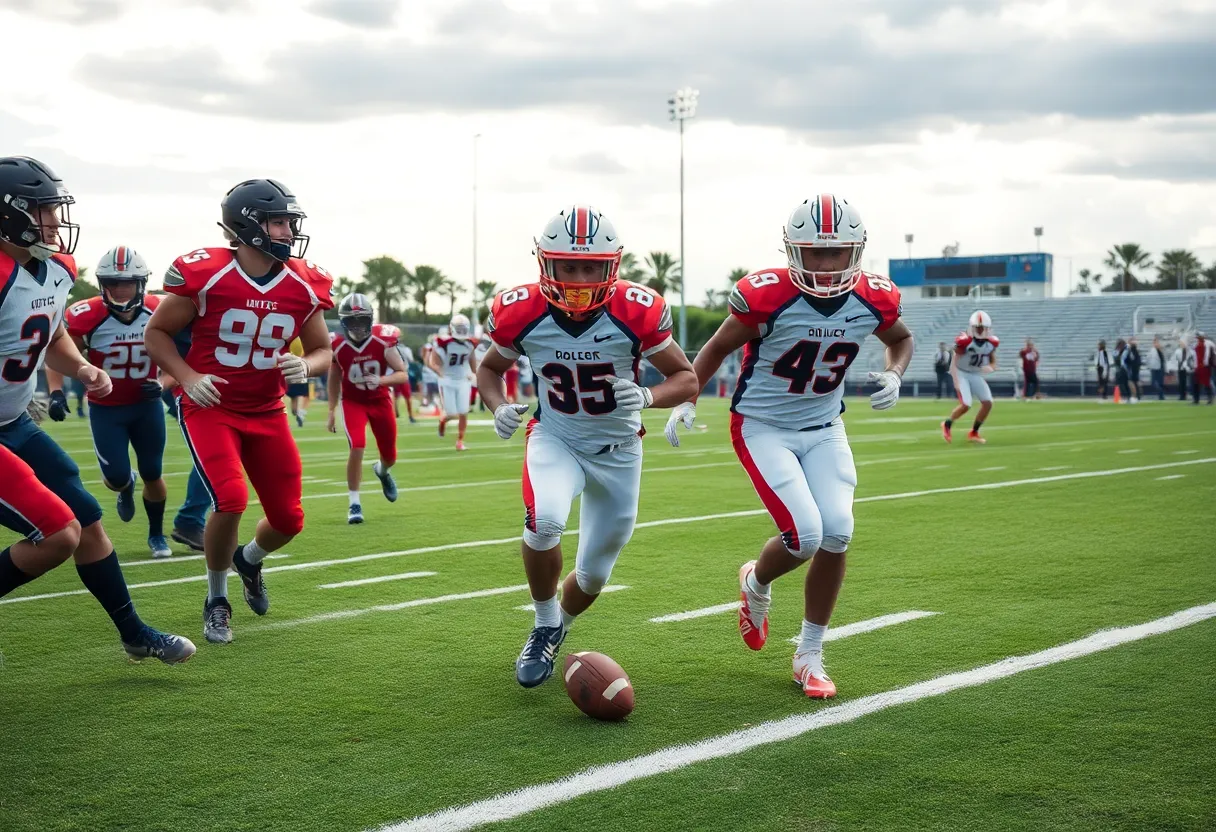 Myrtle Beach Seahawks football players on the field during a game.