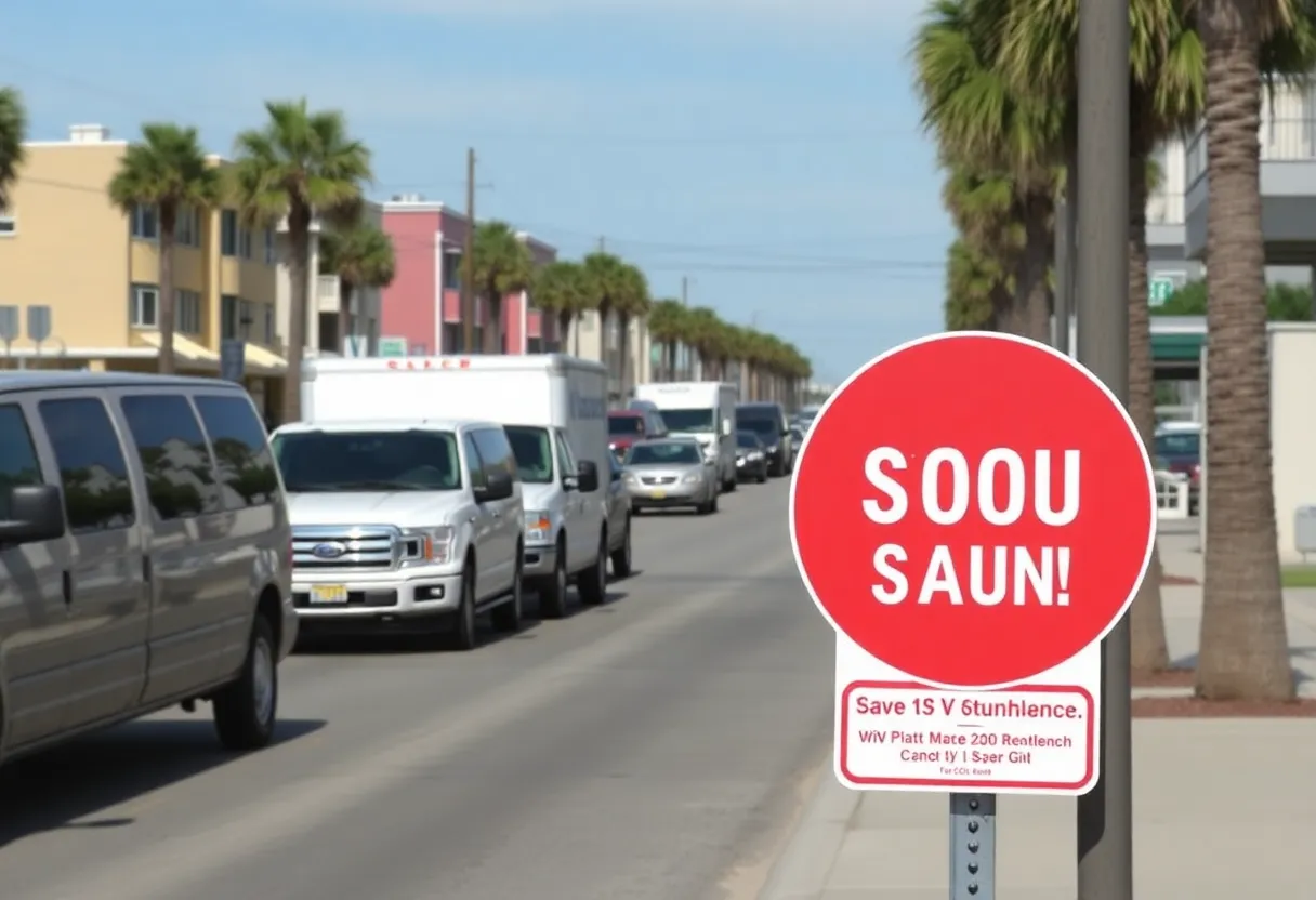Myrtle Beach street with vehicles and safety signage related to squat truck ban enforcement.
