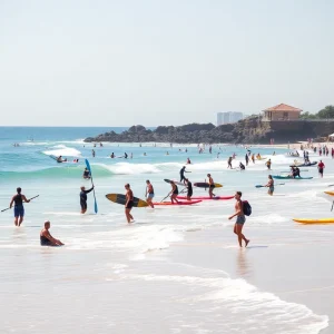 People at Myrtle Beach participating in surfing and water sports lessons