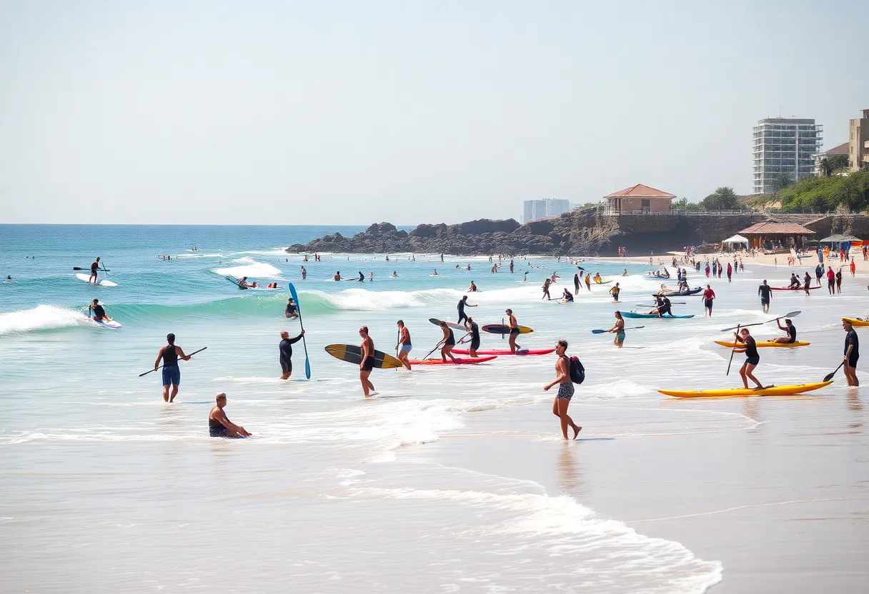 People at Myrtle Beach participating in surfing and water sports lessons