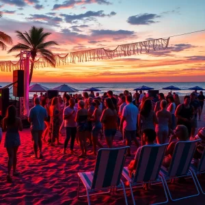 A crowd enjoying a live concert on the beach at North Myrtle Beach.