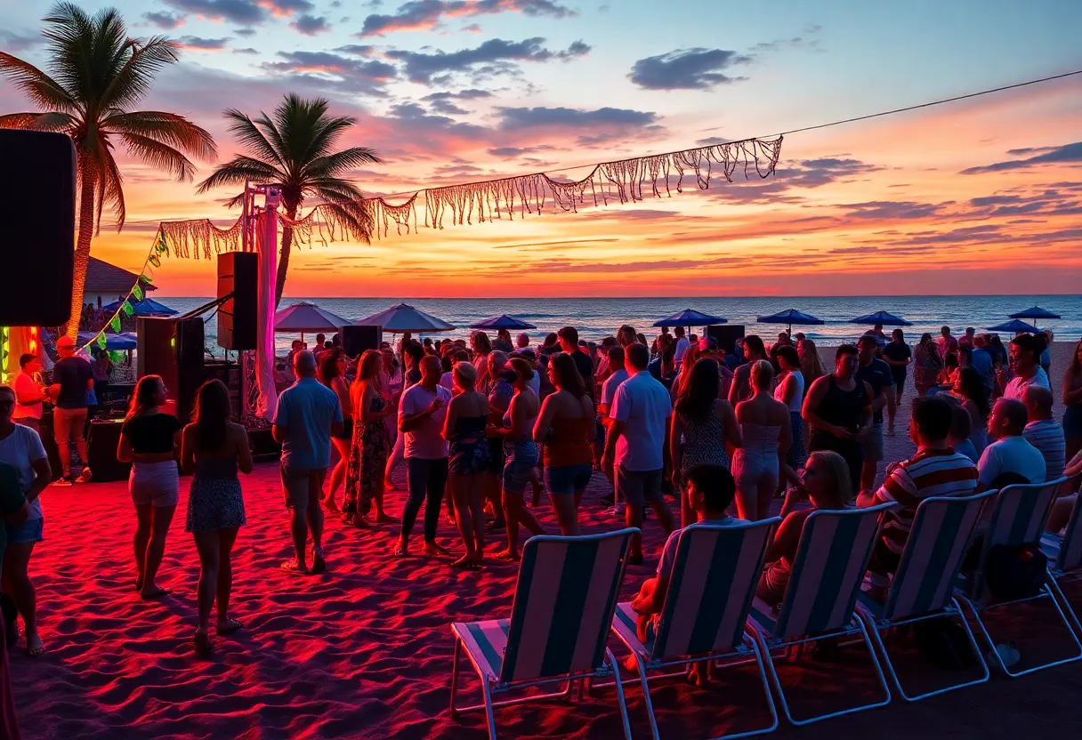 A crowd enjoying a live concert on the beach at North Myrtle Beach.