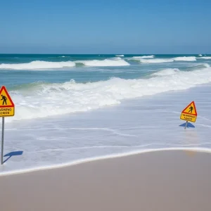 A calm ocean view at North Myrtle Beach, showing warning signs about swimming safety.