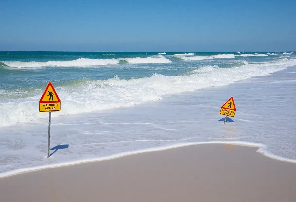 A calm ocean view at North Myrtle Beach, showing warning signs about swimming safety.