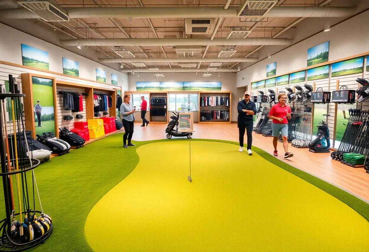 Interior view of PGA Tour Superstore showcasing the putting green and golf equipment