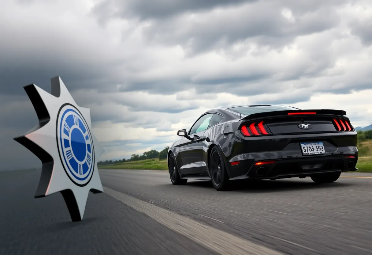 An illustration depicting a police badge and a black Ford Mustang on a road