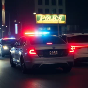 A dramatic police chase scene in Myrtle Beach with police cars and lights.