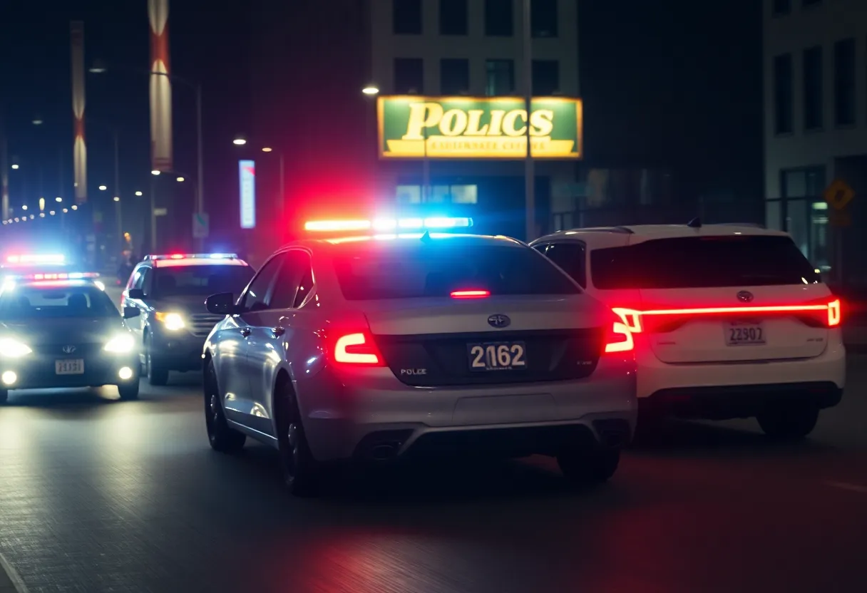 A dramatic police chase scene in Myrtle Beach with police cars and lights.