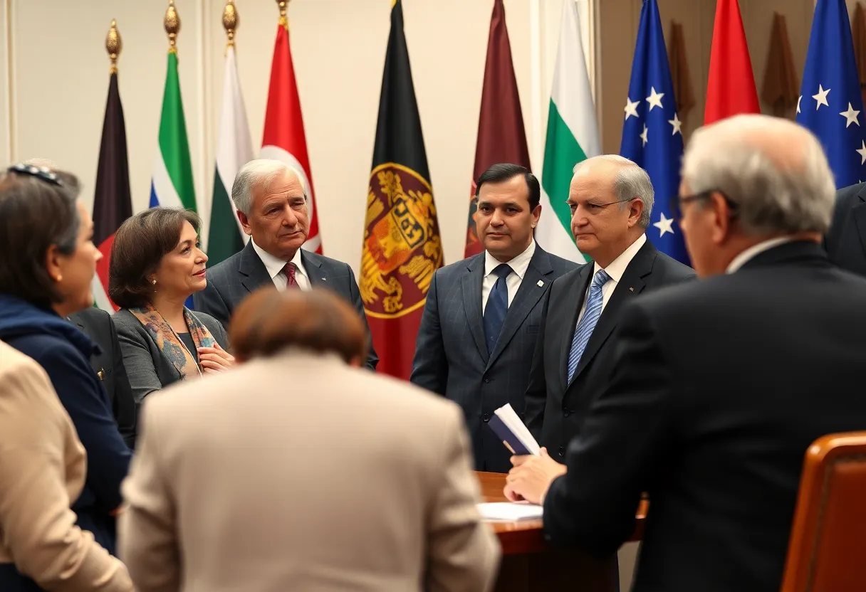 Diverse group of political officials discussing diplomacy with various flags