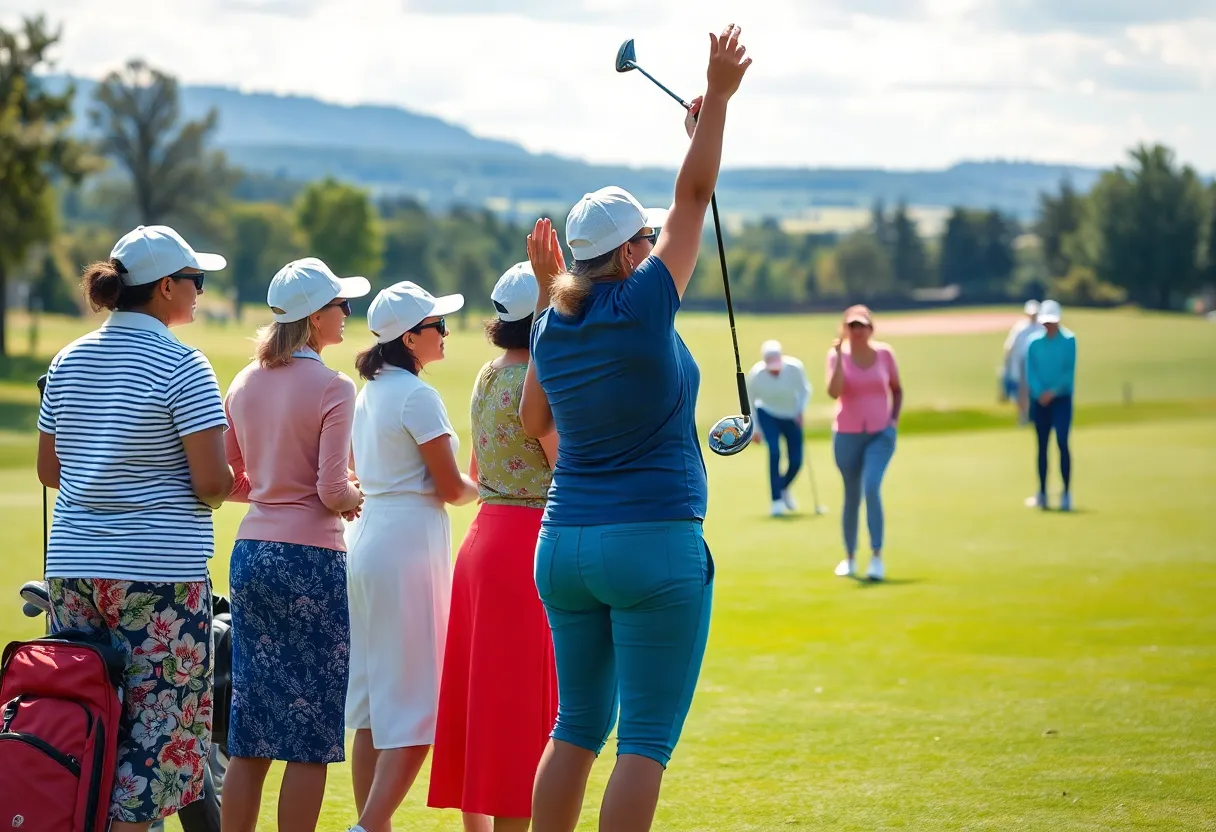 A group of women golfers of diverse backgrounds playing together at a golf course.