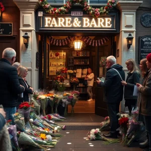 Flowers and notes outside Rascal's Bar in memory of Lester Goldsmith