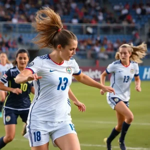 Action shot from a women's soccer game, showcasing players during a competitive match.