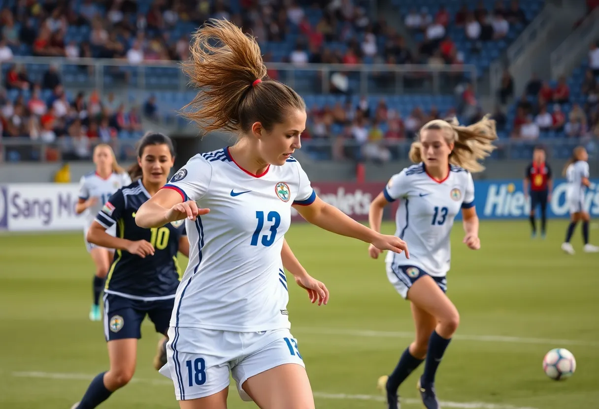 Action shot from a women's soccer game, showcasing players during a competitive match.