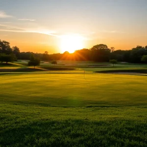 A tranquil golf course with vibrant greens at sunset.