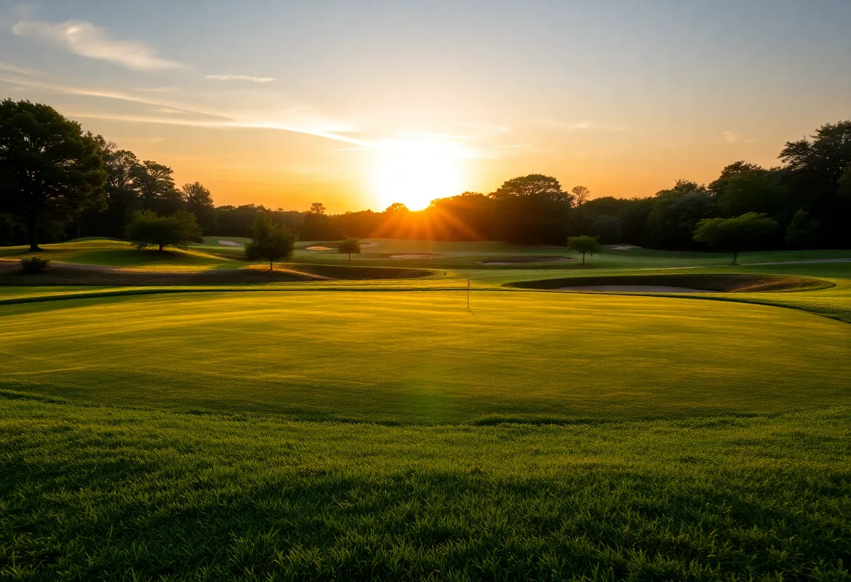 A tranquil golf course with vibrant greens at sunset.
